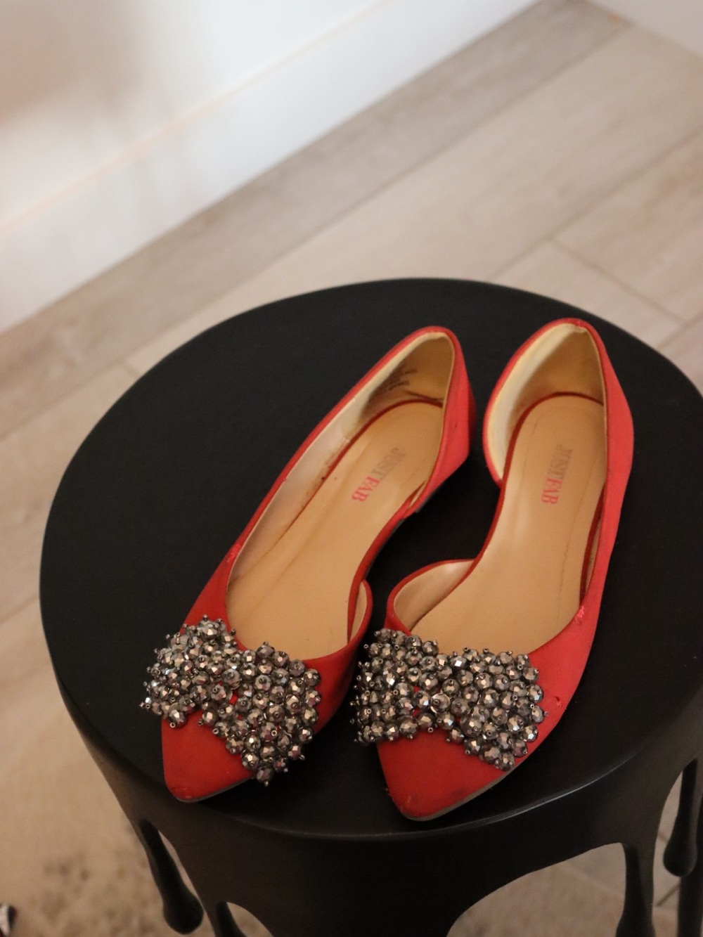 JustFab Red Pointed-Toe Flats with Crystal Bow Accents